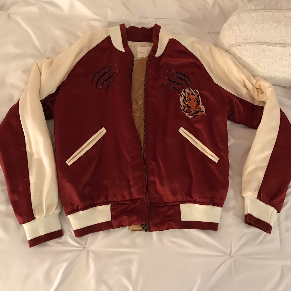 Maroon and Cream bomber jacket with tiger details